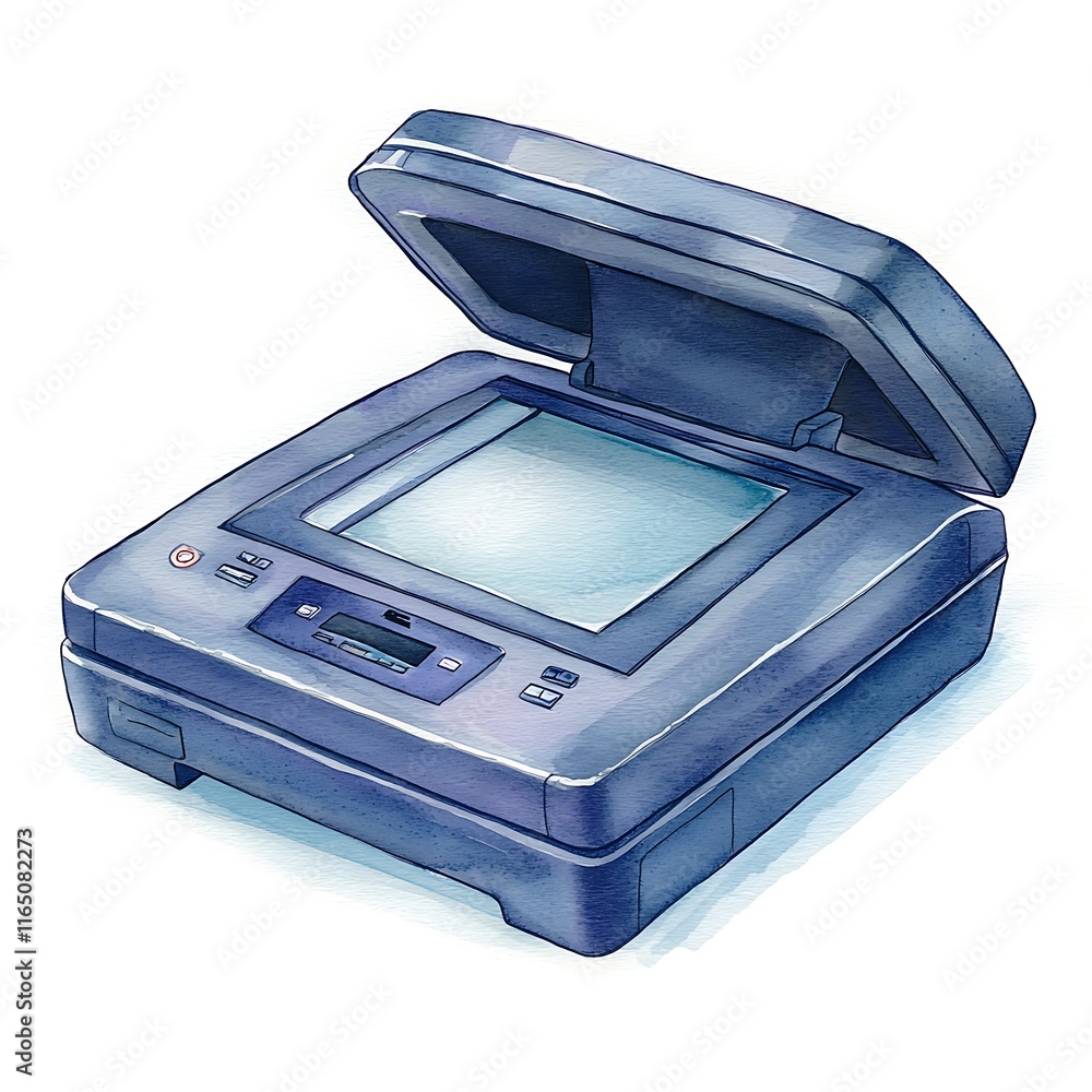 Watercolor illustration of a flatbed scanner with its lid open, ready to scan documents. Watercolor illustration of a flatbed scanner with its lid open, ready to scan documents.