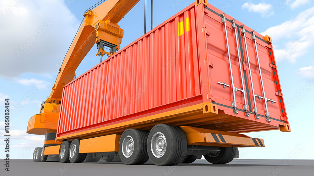 Orange Crane Lifts Cargo Container onto Truck, Efficiently Transporting Goods Across Regions Orange Crane Lifts Cargo Container onto Truck, Efficiently Transporting Goods Across Regions