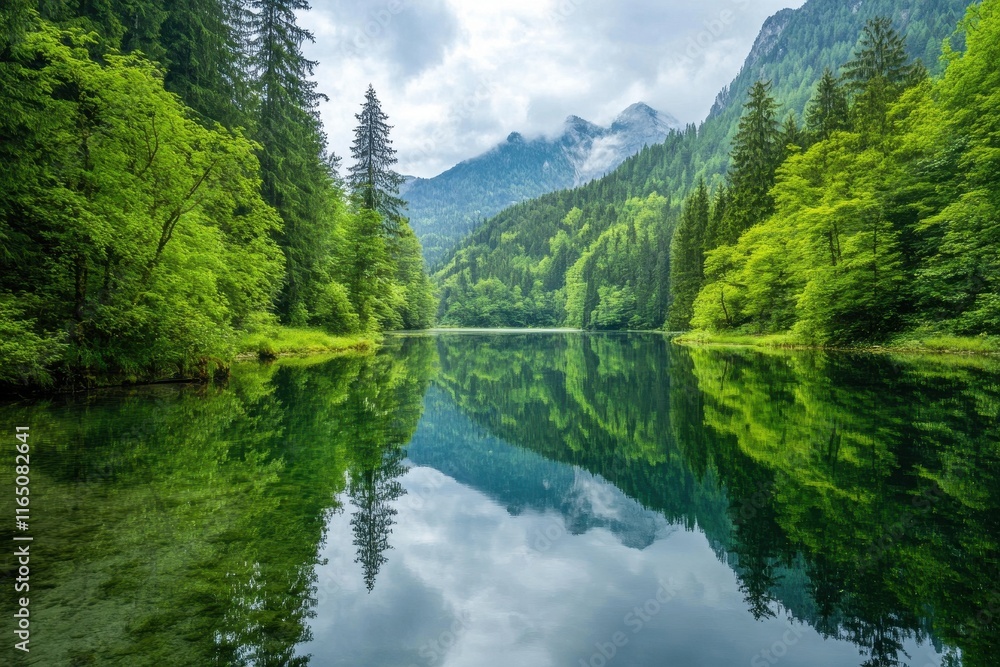 Serene Mountain Lake Reflects Lush Greenery on a Calm Day in a Picturesque Outdoor Setting Serene Mountain Lake Reflects Lush Greenery on a Calm Day in a Picturesque Outdoor Setting
