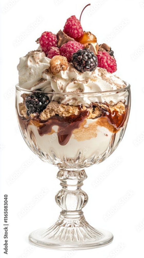 A Delectable Dessert in a Glass Bowl, Exquisitely Displayed with Berries, Whipped Cream, and Chocolate Sauce A Delectable Dessert in a Glass Bowl, Exquisitely Displayed with Berries, Whipped Cream, and Chocolate Sauce