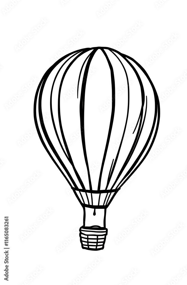 A thick-lined doodle of a hot air balloon with a striped pattern and a small basket, drawn in bold outlines with no fill color, on a plain white background.
A thick-lined doodle of a hot air balloon with a striped pattern and a small basket, drawn in bold outlines with no fill color, on a plain white background.