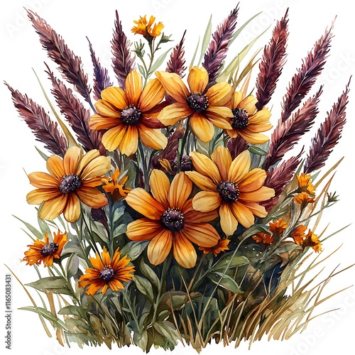 Watercolor Painting of a Vibrant Autumnal Bouquet Featuring Orange Black-Eyed Susans and Dried Pampas Grass. photo