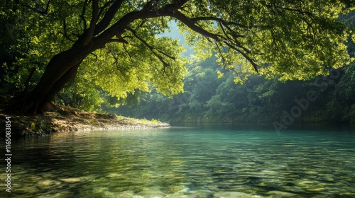 Natural landscapes of the Arab world, a tranquil wadi surrounded by lush greenery and clear waters
