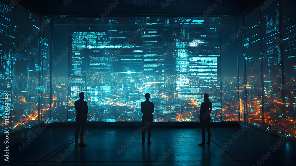 Digital Metropolis, Executives Analyze Data Streams Over Cityscape