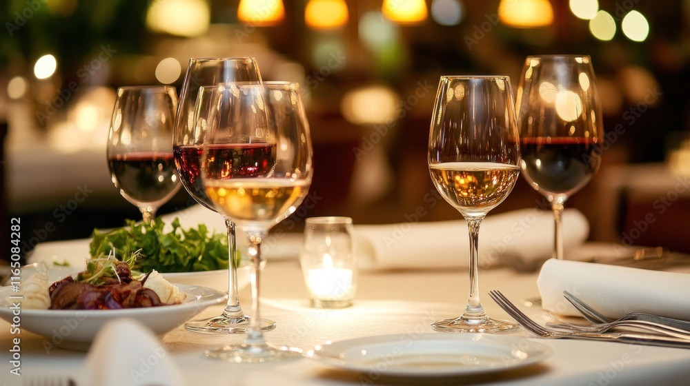 Romantic dinner table setting with wine glasses and food. Romantic dinner table setting with wine glasses and food.