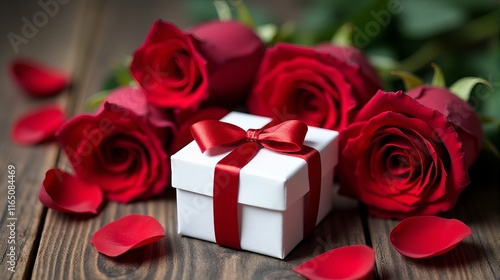 Beautifully Wrapped White Gift Box with Red Ribbon Surrounded by Vibrant Red Roses Elegantly Placed on a Rustic Wooden Surface.