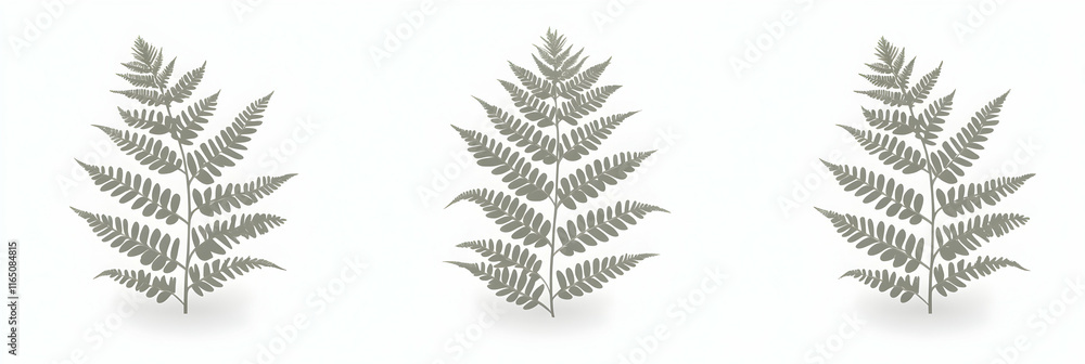 Obraz premium Elegant Fern Fronds, Nature's Delicate Design, showcasing three graceful fern sprigs on a minimalist white backdrop, exhibiting natural beauty and simplicity.