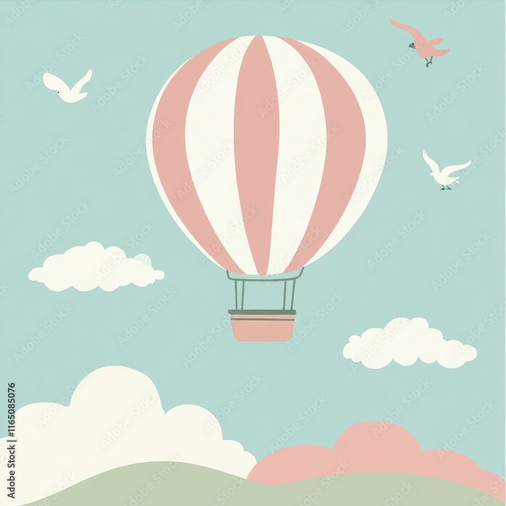 Naklejka premium A whimsical illustration of a hot air balloon floating in a serene sky with clouds and birds.