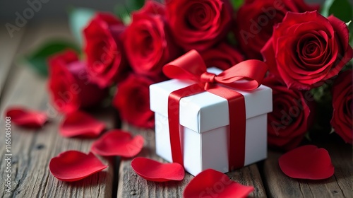 Beautifully Wrapped White Gift Box with Red Ribbon Surrounded by Vibrant Red Roses Elegantly Placed on a Rustic Wooden Surface.