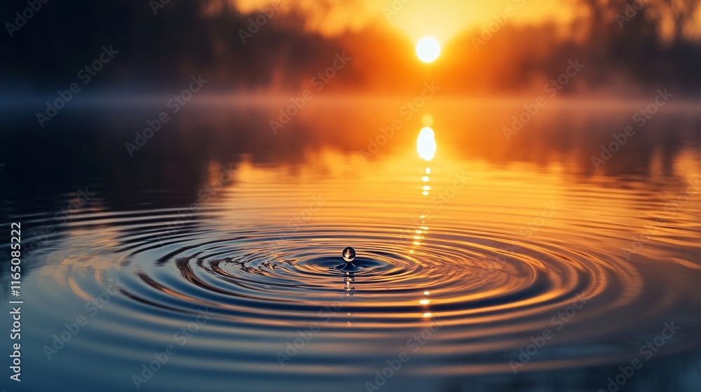 A single droplet of water creating ripples in a peaceful pond at sunrise A single droplet of water creating ripples in a peaceful pond at sunrise