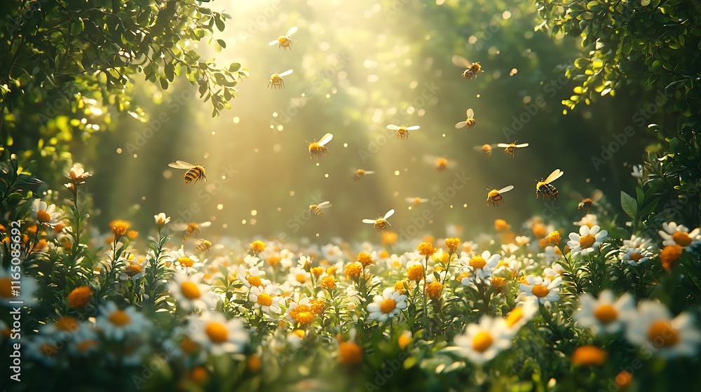 A buzzing spring scene with evergreen shrubs, bright blossoms, and bees gathering nectar under soft sunlight, vivid and vibrant colors capturing the essence of spring, photo-realistic, A buzzing spring scene with evergreen shrubs, bright blossoms, and bees gathering nectar under soft sunlight, vivid and vibrant colors capturing the essence of spring, photo-realistic,