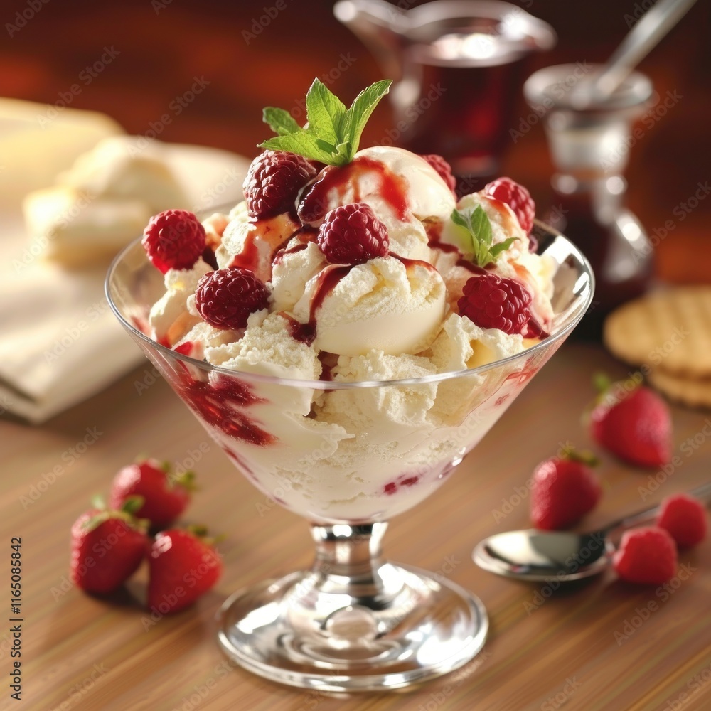 Vanilla ice cream sundae with fresh raspberries and strawberry sauce. Vanilla ice cream sundae with fresh raspberries and strawberry sauce.