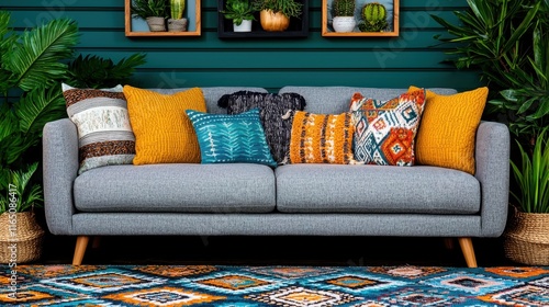 Modern grey sofa with colorful throw pillows and patterned rug in a teal room with plants. photo