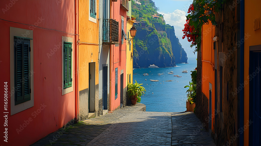 Fototapeta premium Coastal Italian Alleyway, Sunlit Buildings, Sea View, Boats