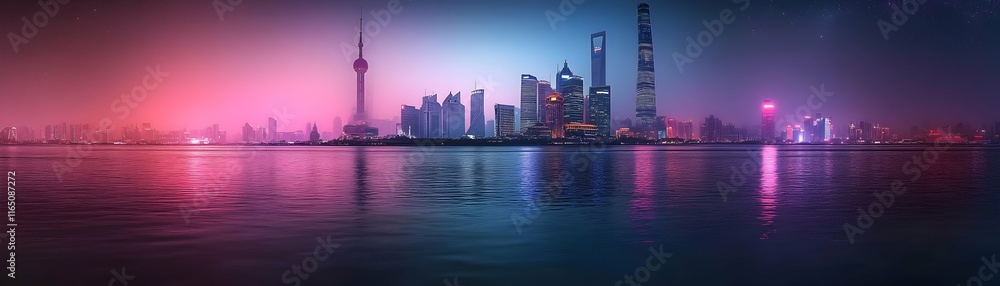 Fototapeta premium Night City Skyline Reflects in Calm Waters, Pink and Purple Hues Illuminate Urban Landscape at Night