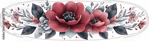 Elegant Watercolor Floral Arrangement, Burgundy Blooms & Grey Leaves, Beautifully Designed Oval Shape with Delicate Watercolor Splashes.