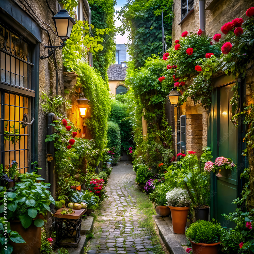 Fototapeta premium A charming cobblestone path lined with lush greenery and vibrant flowers leads through a picturesque European alleyway.