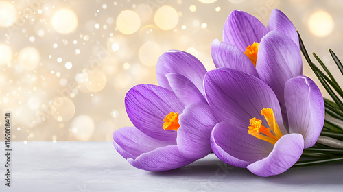 Delicate Purple Crocuses Blossom Beautifully in Spring, Exhibiting Vibrant Petals and Golden Stamens Against a Soft, Shimmering Background. photo