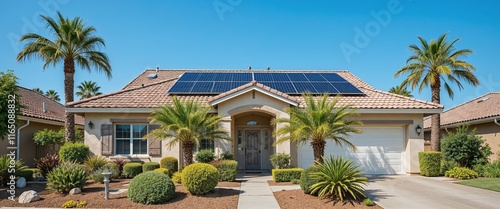 Modern suburban house with solar panels on the roof surrounded by palm trees under a clear blue sky.