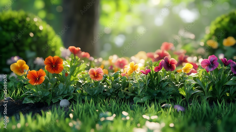 A freshly landscaped garden bed with evergreens, vibrant pansies in full bloom, and fresh grass sprouting around, dappled sunlight enhancing the vibrant colors, sharp textures of petals and leaves,