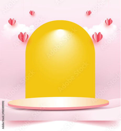 valentines day vector podium exhibit displays award ceremony. shelf product presentation design yellow and pink color combination