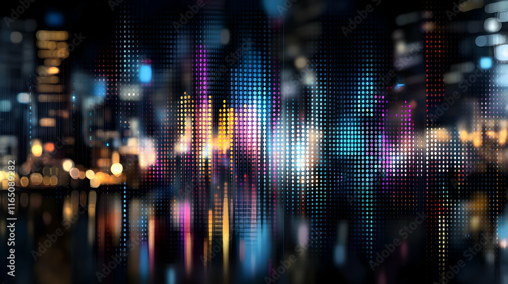 Obraz premium Vibrant Cityscape, Digital Lights Reflecting on Water, Showing Data Visualization with Bright Colorful Pixels.