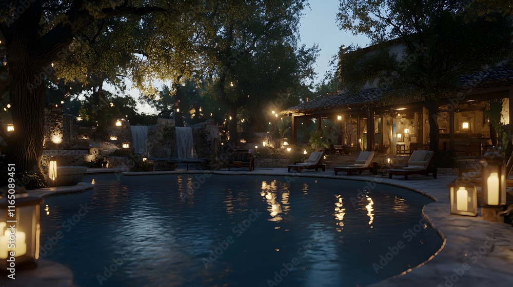 Tranquil Night at Poolside Oasis, Serene Water Reflects Lanterns, Creating a Magical Ambiance near Waterfall & Stone Structure. Tranquil Night at Poolside Oasis, Serene Water Reflects Lanterns, Creating a Magical Ambiance near Waterfall & Stone Structure.
