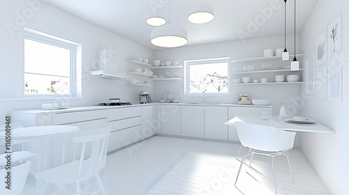 Wallpaper Mural Modern Minimalist Kitchen Design, White Cabinets, Open Shelving, and a Small Dining Area with simple chairs, adding a serene ambiance. Torontodigital.ca