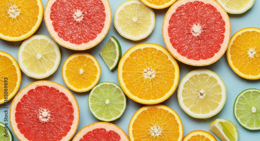 Vibrant citrus fruit pattern with orange, lemon, lime, and grapefruit slices on blue background Vibrant citrus fruit pattern with orange, lemon, lime, and grapefruit slices on blue background