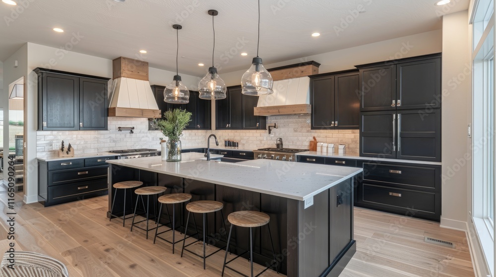 Fototapeta premium Modern kitchen featuring dark cabinetry, a large island, and stylish pendant lighting.