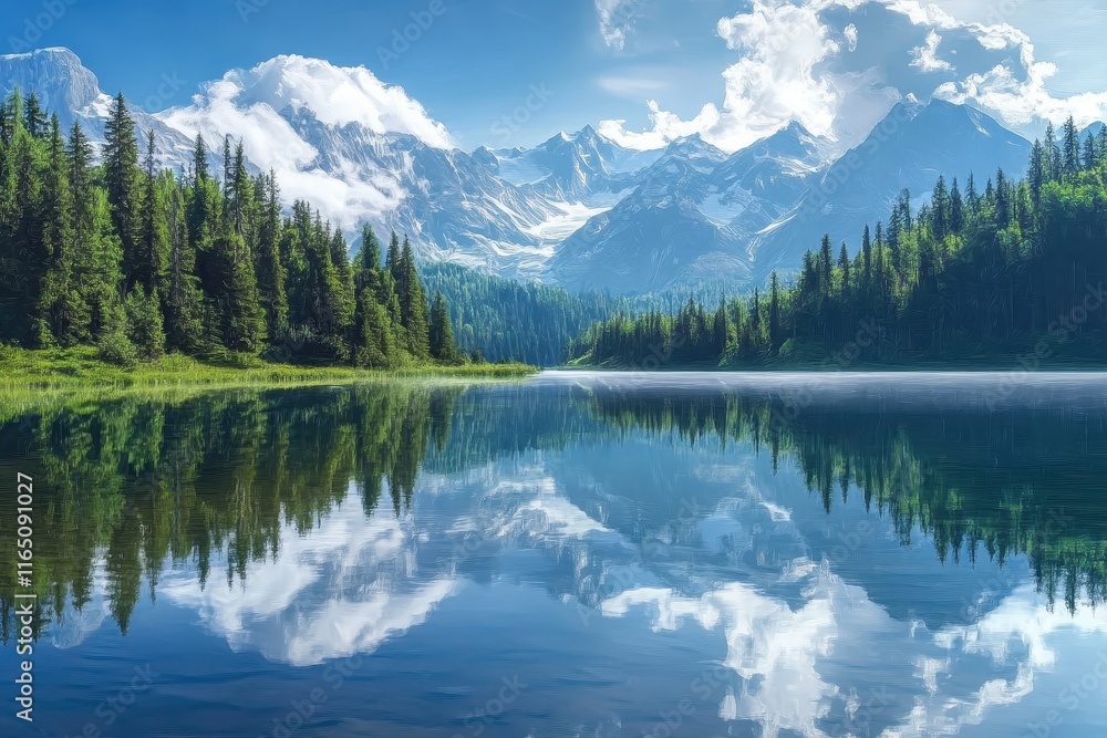 Fototapeta premium Tranquil Alpine Lake Reflecting Majestic Mountains Under a Clear Sky With Fluffy Clouds in the Afternoon