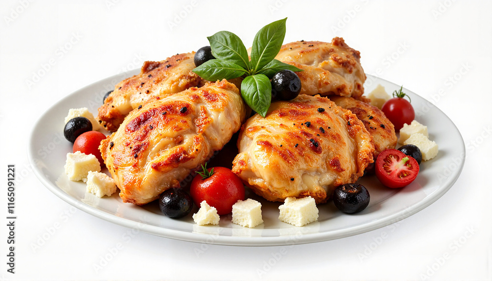 Delicious baked chicken thighs garnished with cherry tomatoes and olives on white plate
Delicious baked chicken thighs garnished with cherry tomatoes and olives on white plate