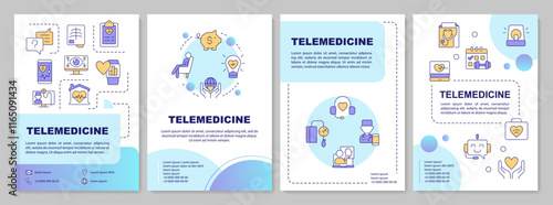 Telemedicine blue circle brochure template. Online doctor consultation. Telehealth service. Leaflet design with linear icons. Editable 4 vector layouts. Arial-Bold, Myriad Pro-Regular fonts used