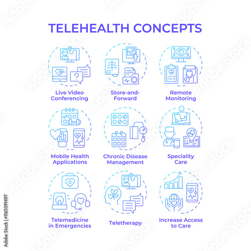 Telehealth blue gradient concept icons. Providing remote service of patient care. Icon pack. Telemedicine work. Vector images. Round shape illustrations for promotional material