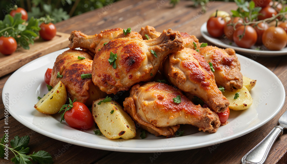 Delicious baked chicken thighs served with vegetables on a rustic table Delicious baked chicken thighs served with vegetables on a rustic table