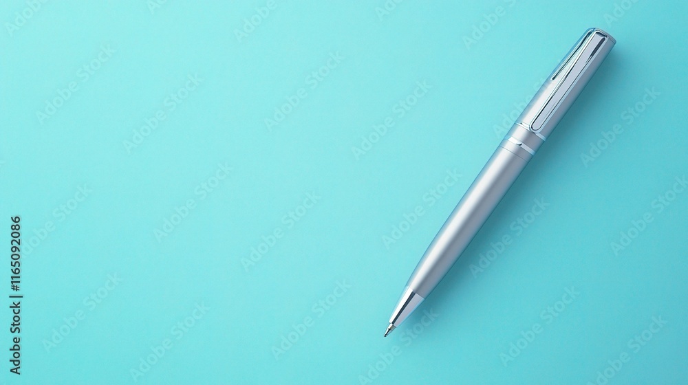 Silver Metal Pen Resting on Isolated Pastel Background Silver Metal Pen Resting on Isolated Pastel Background