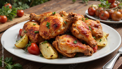 Delicious baked chicken thighs served with vegetables on a rustic table