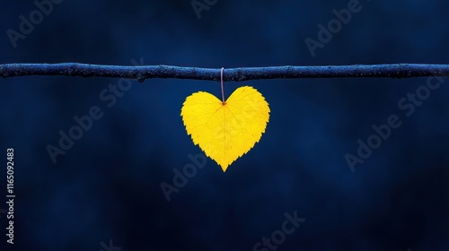 Autumn Heartbreak: Yellow Leaf in Shape of Heart Hanging on Branch, Depicting Sad Love Mood photo