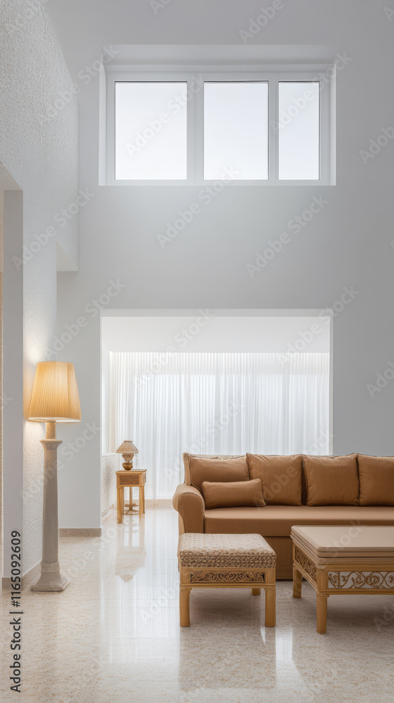 Bright and airy living room with modern design and elegant furnishings in residential space Bright and airy living room with modern design and elegant furnishings in residential space