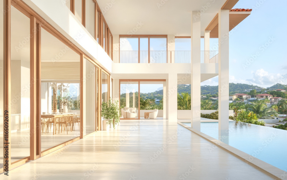 Fototapeta premium Modern villa interior with panoramic views and open space overlooking lush landscape
