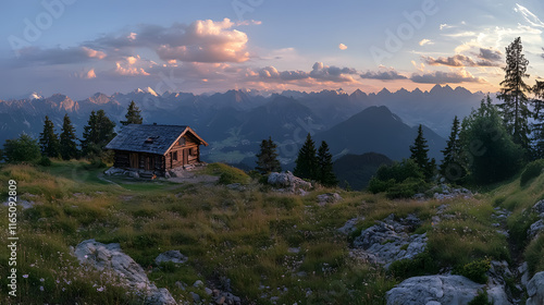 An alpine landscape panorama captures the evening beauty of Herzogstand Mountain. photo