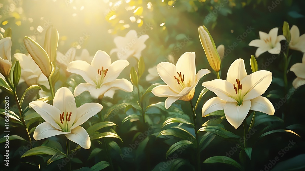 Obraz premium A peaceful garden scene featuring soft sunlight streaming through evergreen branches, casting dappled light on sprouting lilies, vibrant greens, and white petals, intricate details and sharp textures,