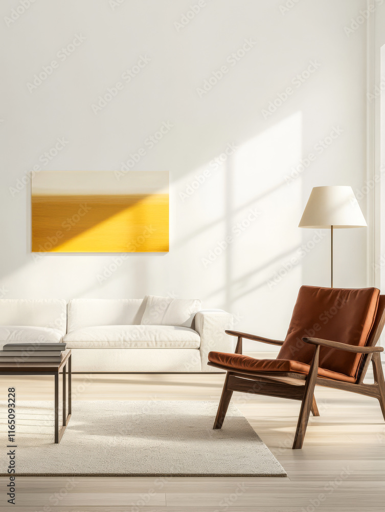 Fototapeta premium Modern living room with minimalist design featuring sunlight and warm colors