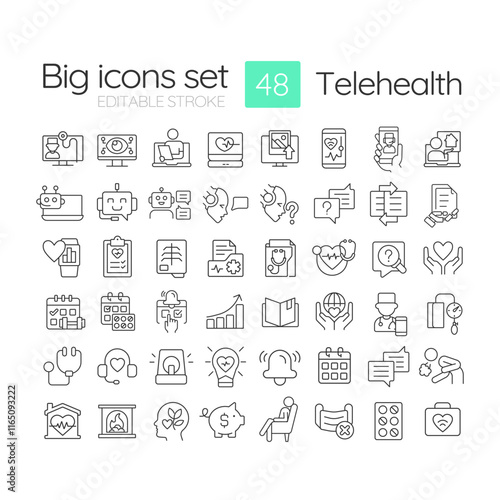 Telehealth technology linear icons set. Access to online services for patients. Consultation via chatbots. Customizable thin line symbols. Isolated vector outline illustrations. Editable stroke