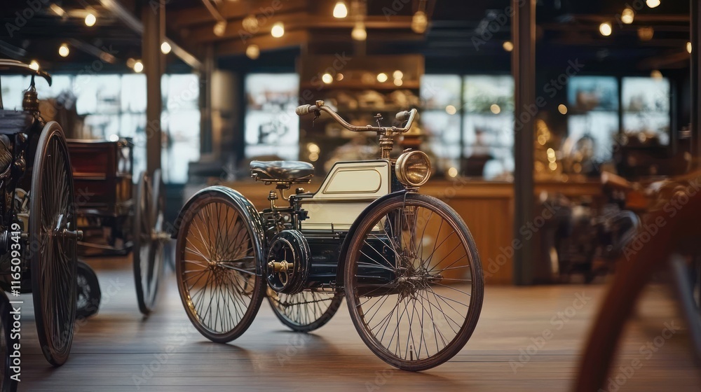 Fototapeta premium Antique tricycle automobile in a vintage car showroom.