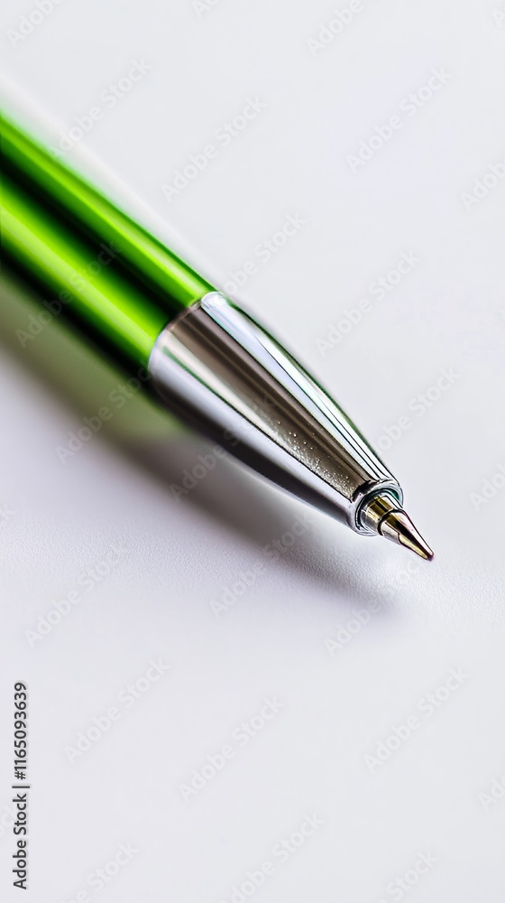 Close-up of a vibrant green ballpoint pen, perfect for creative writing and office work. High-quality image showcasing the pen's details. Close-up of a vibrant green ballpoint pen, perfect for creative writing and office work. High-quality image showcasing the pen's details.