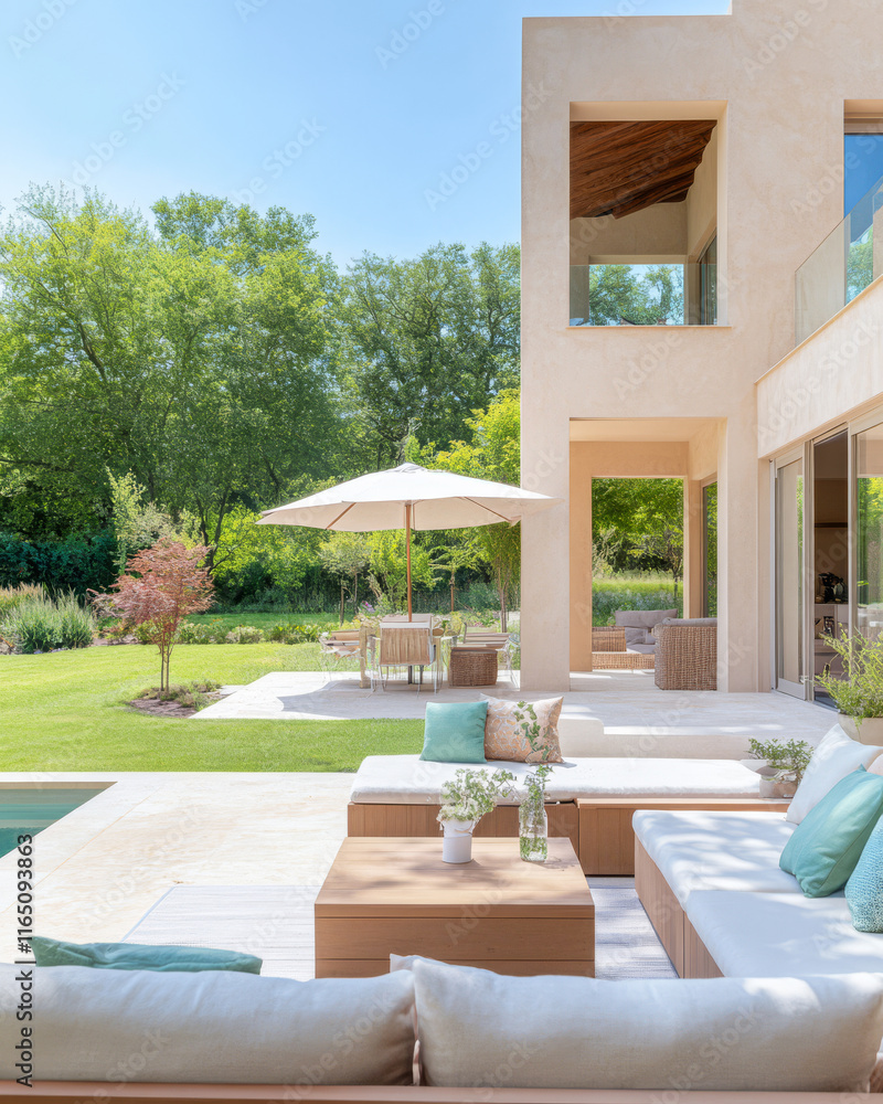 Obraz premium Modern outdoor living space with pool and lounge area in sunny garden setting