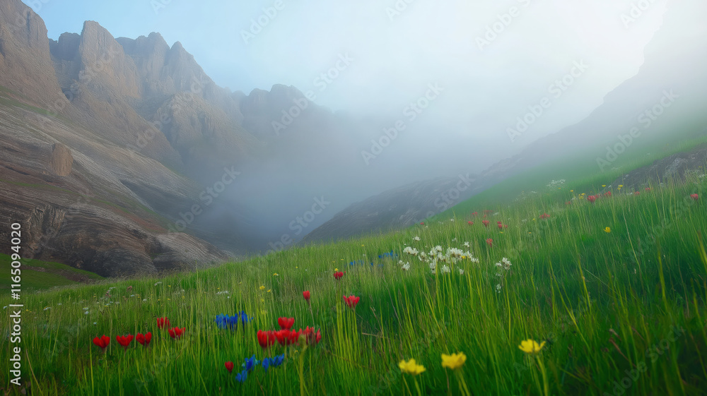 Obraz premium Misty mountain meadow with wildflowers