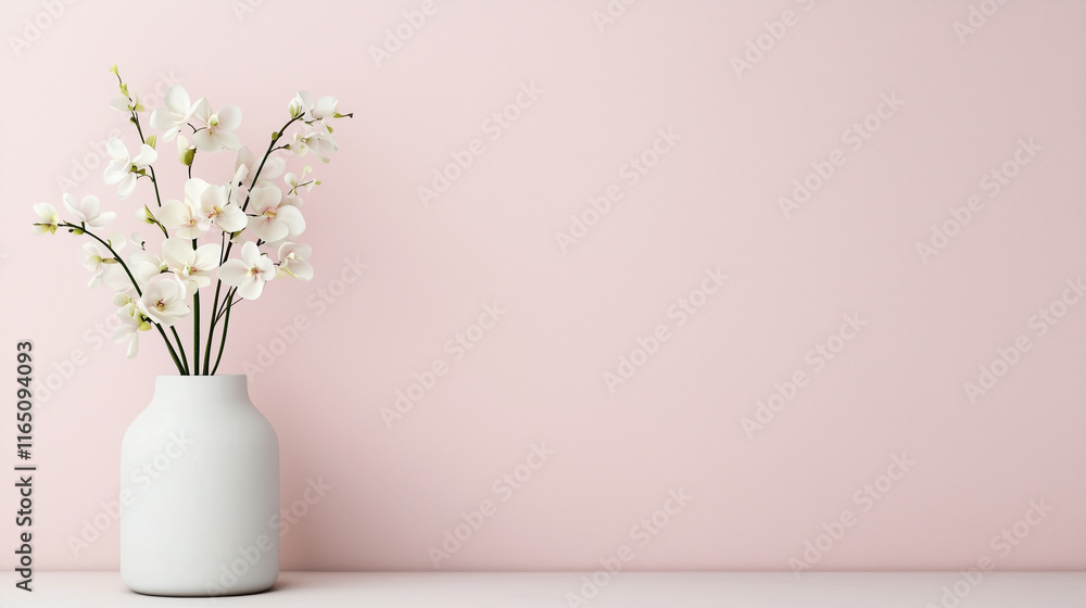 white vase with delicate flowers against soft pink wall white vase with delicate flowers against soft pink wall