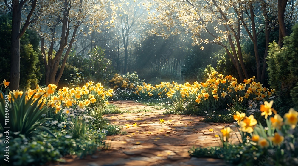 Obraz premium A picturesque spring garden bed with evergreens and golden daffodils, sunlight casting delicate shadows on the ground, vibrant natural colors and intricate textures,